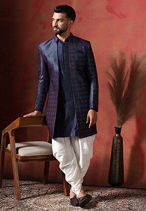 Woven Cotton Dhoti Kurta in Navy Blue