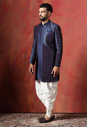 Woven Cotton Dhoti Kurta in Navy Blue