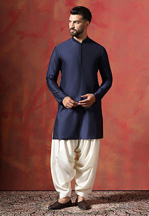 Woven Cotton Dhoti Kurta in Navy Blue