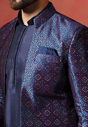 Woven Cotton Dhoti Kurta in Navy Blue