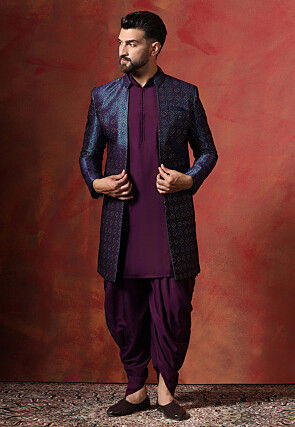 Woven Cotton Dhoti Kurta in Purple