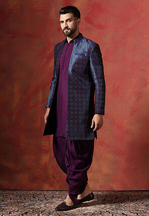 Woven Cotton Dhoti Kurta in Purple