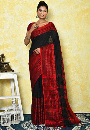Woven Cotton Handloom Saree in Black