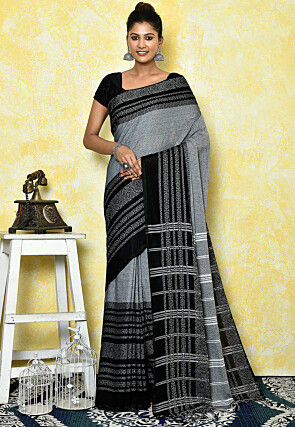 Woven Cotton Handloom Saree in Grey and Black