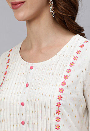 Woven Cotton Jacquard A Line Kurta in White