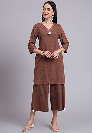 Woven Cotton Jacquard Co Ord Set in Brown