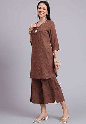 Woven Cotton Jacquard Co Ord Set in Brown