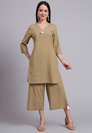 Woven Cotton Jacquard Co Ord Set in Light Brown
