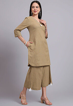 Woven Cotton Jacquard Co Ord Set in Light Brown