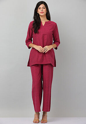 Woven Cotton Jacquard Co Ord Set in Maroon