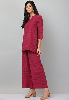 Woven Cotton Jacquard Co Ord Set in Maroon