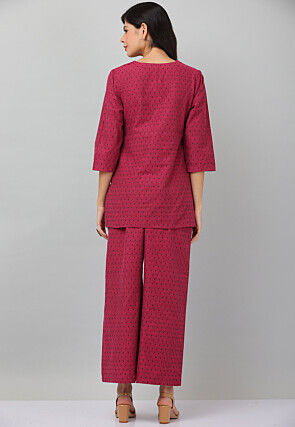 Woven Cotton Jacquard Co Ord Set in Maroon