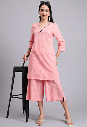 Woven Cotton Jacquard Co Ord Set in Pink