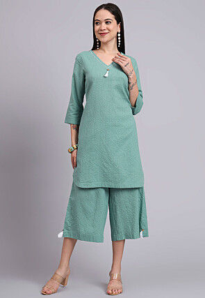 Woven Cotton Jacquard Co Ord Set in Sea Green