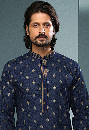 Woven Cotton Jacquard Dhoti Kurta in Navy Blue