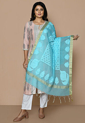 Woven Cotton Jacquard Dupatta From Banaras in Sky Blue