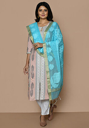 Woven Cotton Jacquard Dupatta From Banaras in Sky Blue