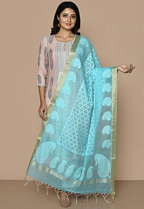 Woven Cotton Jacquard Dupatta From Banaras in Sky Blue