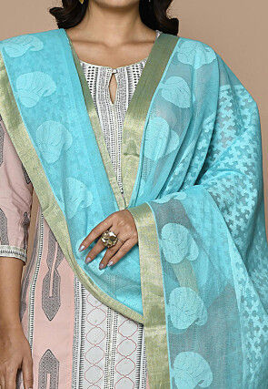 Woven Cotton Jacquard Dupatta From Banaras in Sky Blue