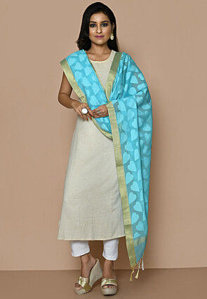 Woven Cotton Jacquard Dupatta From Banaras in Sky Blue