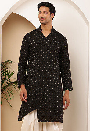Woven Cotton Jacquard Kurta in Black