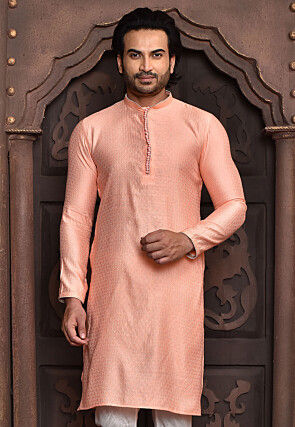Woven Cotton Jacquard Kurta in Peach