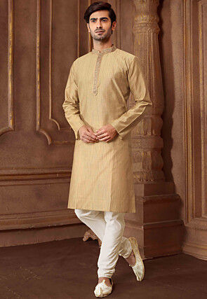 Woven Cotton Jacquard Kurta Set in Beige