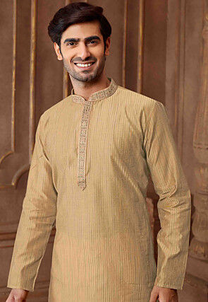 Woven Cotton Jacquard Kurta Set in Beige
