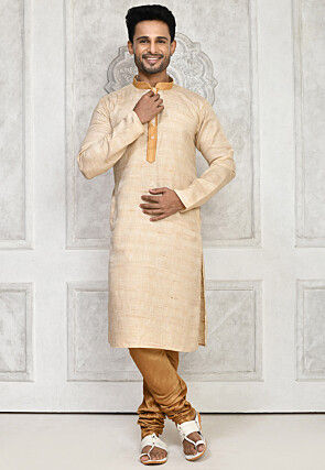 Woven Cotton Jacquard Kurta Set in Beige
