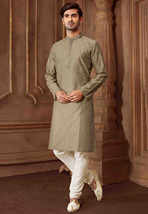 Woven Cotton Jacquard Kurta Set in Fawn