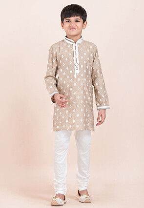 Woven Cotton Jacquard Kurta Set in Fawn