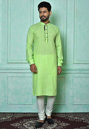 Woven Cotton Jacquard Kurta Set in Light Green