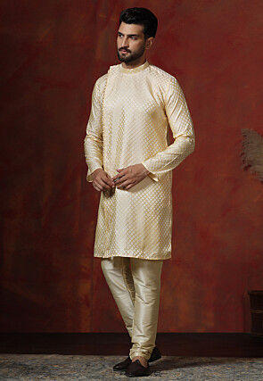 Woven Cotton Jacquard Kurta Set in Light Yellow