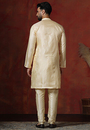 Woven Cotton Jacquard Kurta Set in Light Yellow