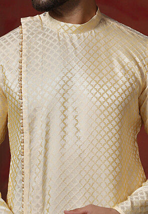 Woven Cotton Jacquard Kurta Set in Light Yellow