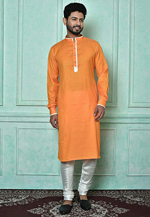 Woven Cotton Jacquard Kurta Set in Orange