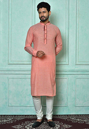 Woven Cotton Jacquard Kurta Set in Peach