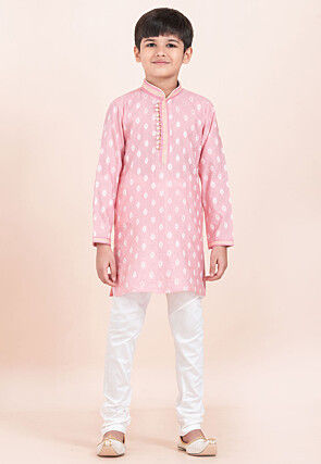 Woven Cotton Jacquard Kurta Set in Pink