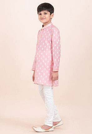 Woven Cotton Jacquard Kurta Set in Pink