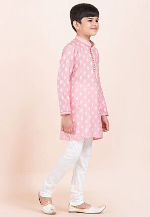 Woven Cotton Jacquard Kurta Set in Pink