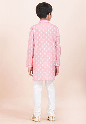 Woven Cotton Jacquard Kurta Set in Pink