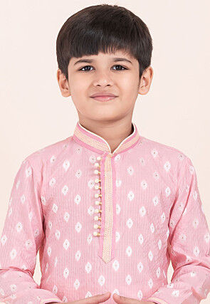 Woven Cotton Jacquard Kurta Set in Pink