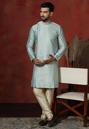 Woven Cotton Jacquard Kurta Set in Sky Blue