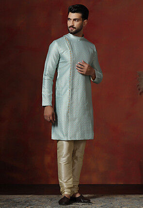 Woven Cotton Jacquard Kurta Set in Sky Blue