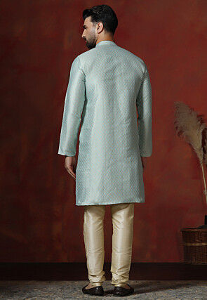 Woven Cotton Jacquard Kurta Set in Sky Blue