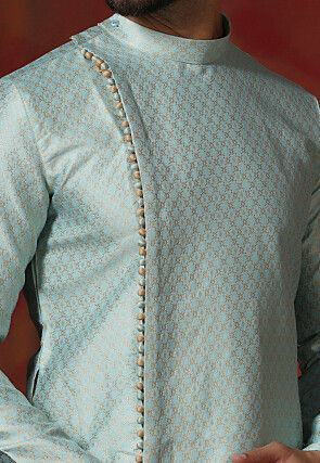 Woven Cotton Jacquard Kurta Set in Sky Blue