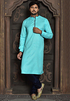 Woven Cotton Jacquard Kurta Set in Sky Blue