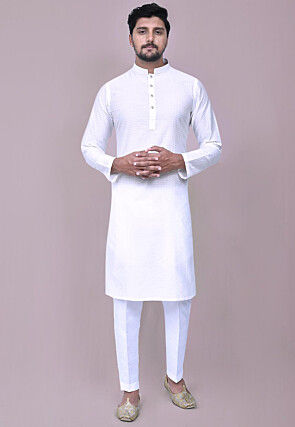 Woven Cotton Jacquard Kurta Set in White