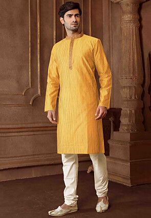 Woven Cotton Jacquard Kurta Set in Yellow