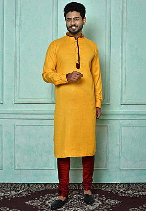 Woven Cotton Jacquard Kurta Set in Yellow